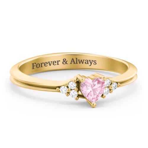 Narrow Heart Ring with Shoulder Accents – 10K Yellow Gold with Pink Tourmaline and White Premium Zirconia