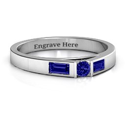 Solitaire Bridge Ring with Baguette Accents in 925 Sterling Silver with Blue Sapphire