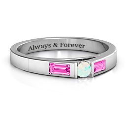 Solitaire Bridge Ring with Baguette Accents in 925 Sterling Silver with Opal and Pink Tourmaline