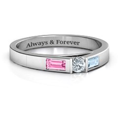 Solitaire Bridge Ring with Baguette Accents – 10K Yellow Gold with Cubic Zirconia, Pink Tourmaline, and Aquamarine