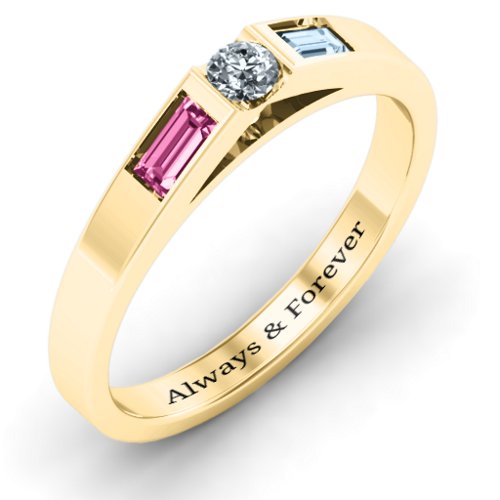 Solitaire Bridge Ring with Baguette Accents – 10K Yellow Gold with Cubic Zirconia, Pink Tourmaline, and Aquamarine
