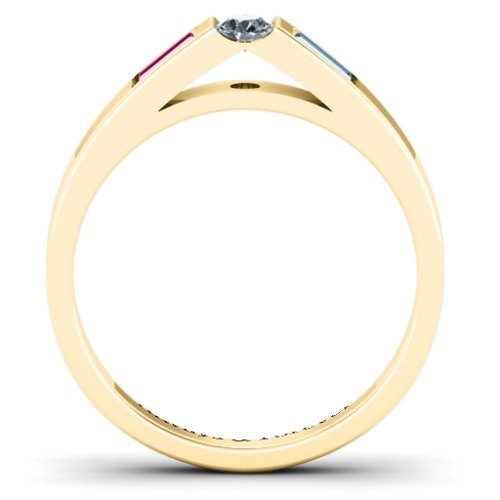 Solitaire Bridge Ring with Baguette Accents – 10K Yellow Gold with Cubic Zirconia, Pink Tourmaline, and Aquamarine