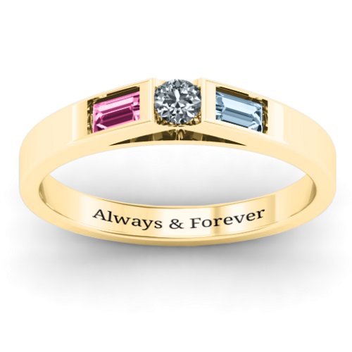 Solitaire Bridge Ring with Baguette Accents – 10K Yellow Gold with Cubic Zirconia, Pink Tourmaline, and Aquamarine