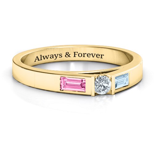Solitaire Bridge Ring with Baguette Accents – 10K Yellow Gold with Cubic Zirconia, Pink Tourmaline, and Aquamarine