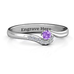 Solitaire Wave Ring with Stone Accents in 925 Sterling Silver with Amethyst and Cubic Zirconia