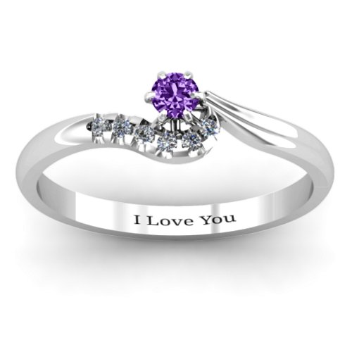Solitaire Wave Ring with Stone Accents – Sterling Silver with Amethyst and Cubic Zirconia