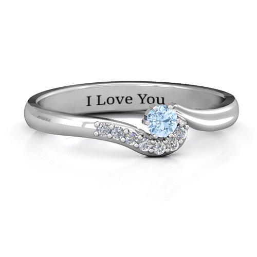 Solitaire Wave Ring with Stone Accents – Sterling Silver with Aquamarine and Cubic Zirconia