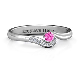 Solitaire Wave Ring with Stone Accents in 925 Sterling Silver with Pink Tourmaline and Cubic Zirconia