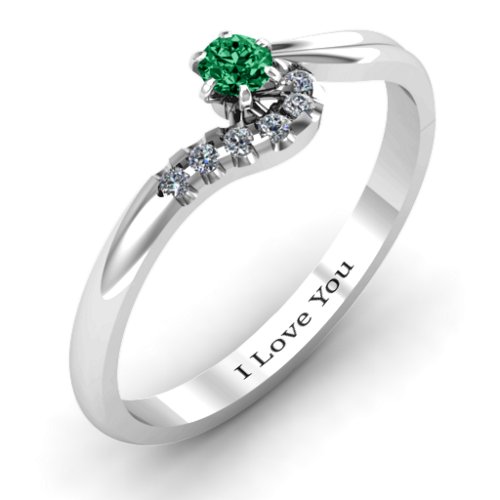Solitaire Wave Ring with Stone Accents – Sterling Silver with Emerald and Cubic Zirconia