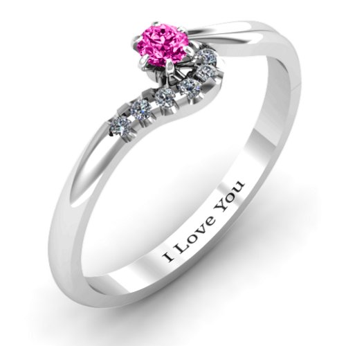Solitaire Wave Ring with Stone Accents – Sterling Silver with Pink Tourmaline and Cubic Zirconia