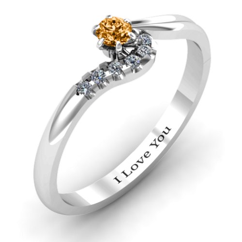 Solitaire Wave Ring with Stone Accents – Sterling Silver with Citrine and Cubic Zirconia