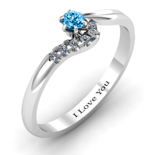 Solitaire Wave Ring with Stone Accents – Sterling Silver with Blue Topaz and Cubic Zirconia