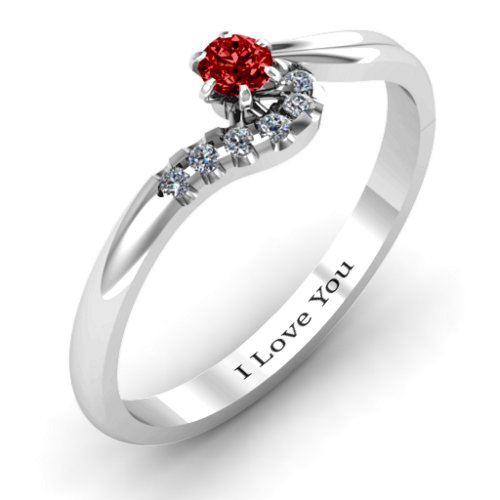 Solitaire Wave Ring with Stone Accents – Sterling Silver with Garnet and Cubic Zirconia