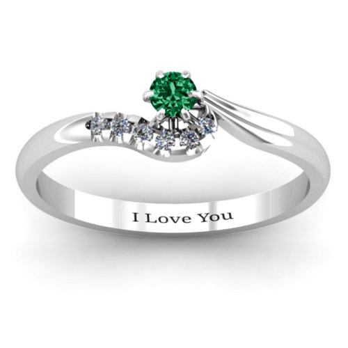 Solitaire Wave Ring with Stone Accents – Sterling Silver with Emerald and Cubic Zirconia