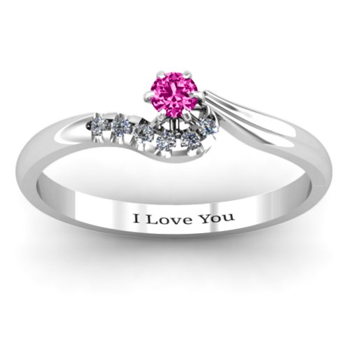 Solitaire Wave Ring with Stone Accents – Sterling Silver with Pink Tourmaline and Cubic Zirconia