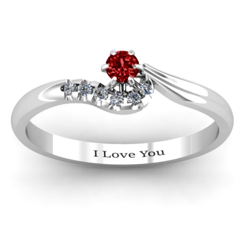 Solitaire Wave Ring with Stone Accents – Sterling Silver with Garnet and Cubic Zirconia
