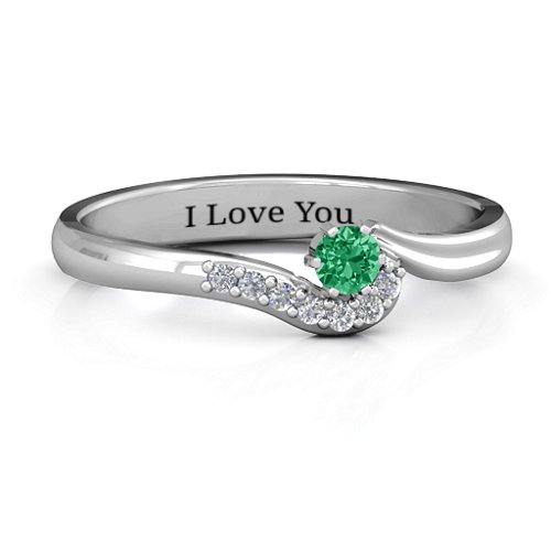 Solitaire Wave Ring with Stone Accents – Sterling Silver with Emerald and Cubic Zirconia