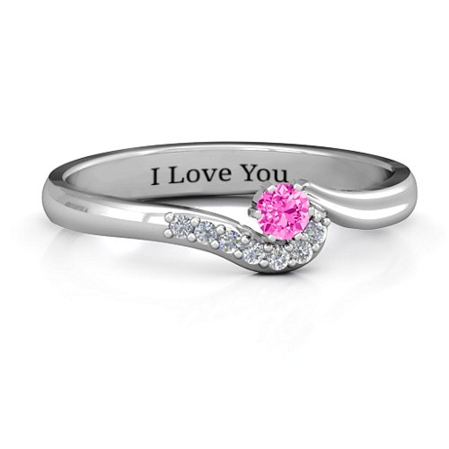 Solitaire Wave Ring with Stone Accents – Sterling Silver with Pink Tourmaline and Cubic Zirconia