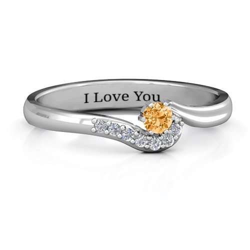 Solitaire Wave Ring with Stone Accents – Sterling Silver with Citrine and Cubic Zirconia