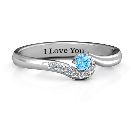 Solitaire Wave Ring with Stone Accents – Sterling Silver with Blue Topaz and Cubic Zirconia