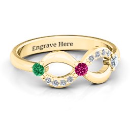 Three Stone Infinity Ring with Accents in 10K Solid Yellow Gold with Emerald, Ruby, and Cubic Zirconia