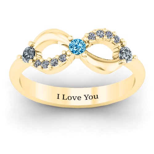 Three Stone Infinity Ring with Accents – 10K Yellow Gold with Cubic Zirconia and Blue Topaz
