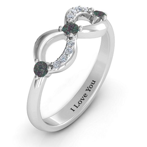 Three Stone Infinity Ring with Accents – Sterling Silver with Alexandrite and Cubic Zirconia
