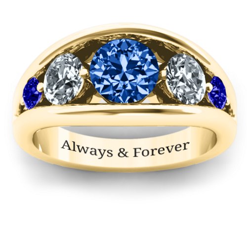 5 Stone Split Shank Ring – 10K Yellow Gold with Fancy Blue Premium Zirconia, Cubic Zirconia, and Blue Sapphire