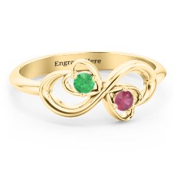 Pair of Hearts Infinity Ring with Gemstones in 10K Solid Yellow Gold with Emerald and Ruby