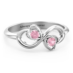 Pair of Hearts Infinity Ring with Gemstones in 925 Sterling Silver with Pink Tourmaline