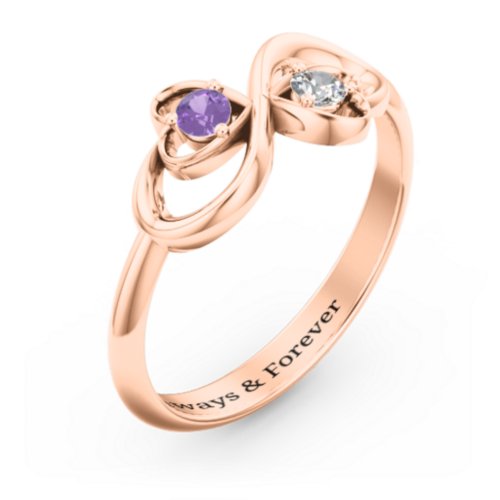 Pair of Hearts Infinity Ring with Gemstones – 10K Rose Gold with Amethyst and Cubic Zirconia