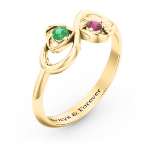Pair of Hearts Infinity Ring with Gemstones – 10K Yellow Gold with Emerald and Ruby