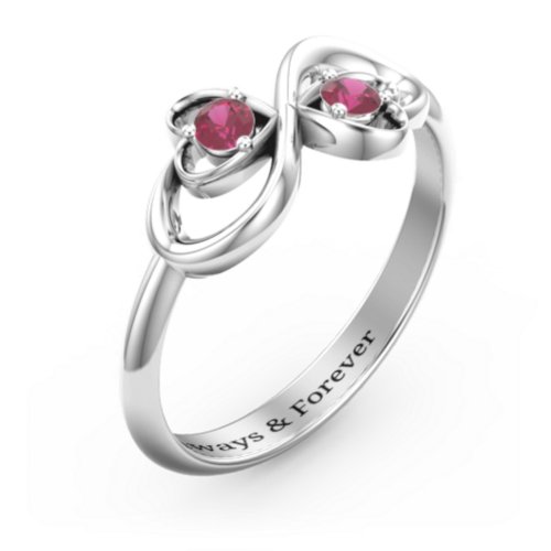 Pair of Hearts Infinity Ring with Gemstones – Sterling Silver with Ruby