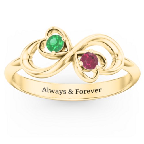 Pair of Hearts Infinity Ring with Gemstones – 10K Yellow Gold with Emerald and Ruby