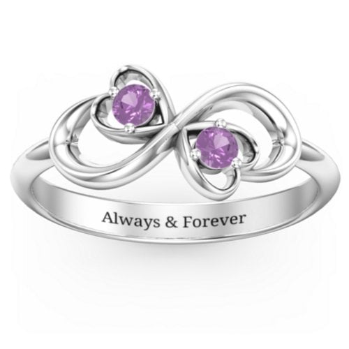 Pair of Hearts Infinity Ring with Gemstones – Sterling Silver with Amethyst