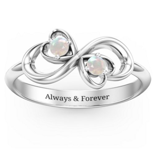 Pair of Hearts Infinity Ring with Gemstones – Sterling Silver with Opal