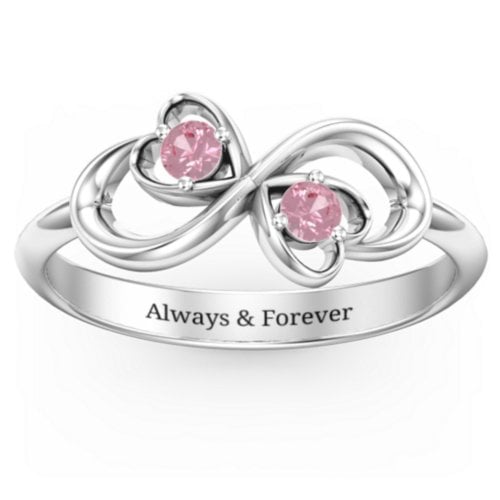 Pair of Hearts Infinity Ring with Gemstones – Sterling Silver with Pink Tourmaline