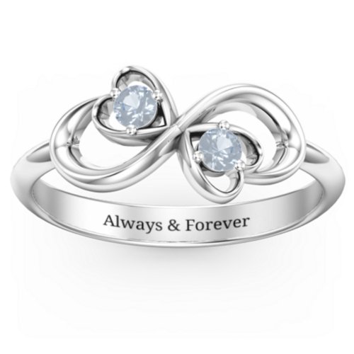 Pair of Hearts Infinity Ring with Gemstones – Sterling Silver with Aquamarine