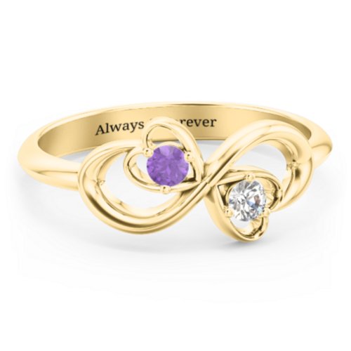 Pair of Hearts Infinity Ring with Gemstones – 10K Yellow Gold with Amethyst and Cubic Zirconia