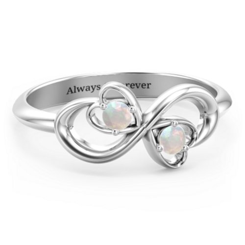 Pair of Hearts Infinity Ring with Gemstones – Sterling Silver with Opal