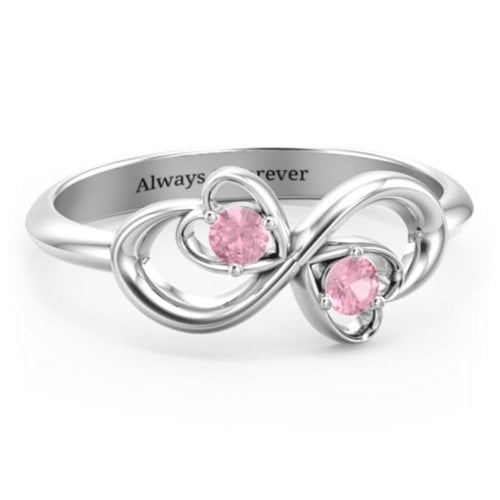 Pair of Hearts Infinity Ring with Gemstones – Sterling Silver with Pink Tourmaline