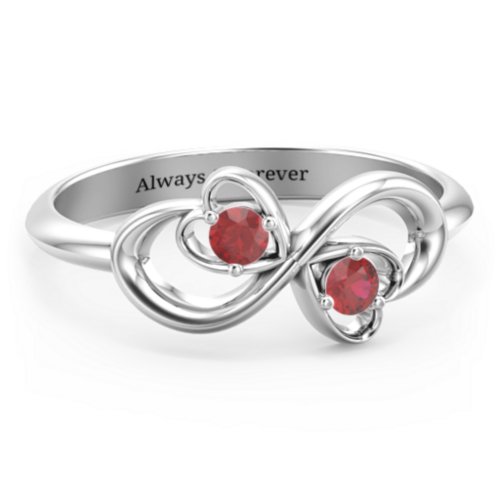 Pair of Hearts Infinity Ring with Gemstones – Sterling Silver with Garnet