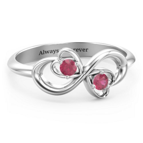 Pair of Hearts Infinity Ring with Gemstones – Sterling Silver with Ruby