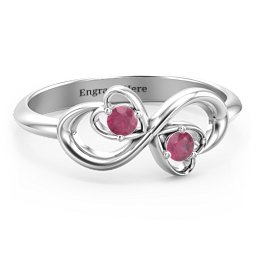 Pair of Hearts Infinity Ring with Gemstones in 925 Sterling Silver with Ruby