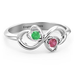 Pair of Hearts Infinity Ring with Gemstones in 925 Sterling Silver with Emerald and Ruby