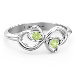 Pair of Hearts Infinity Ring with Gemstones in 925 Sterling Silver with Peridot