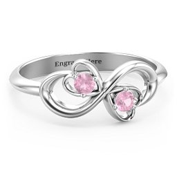 Pair of Hearts Infinity Ring with Gemstones in 925 Sterling Silver with Pink Tourmaline