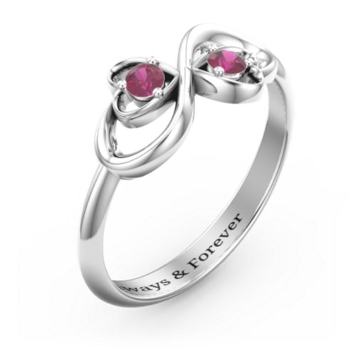 Pair of Hearts Infinity Ring with Gemstones – Sterling Silver with Ruby