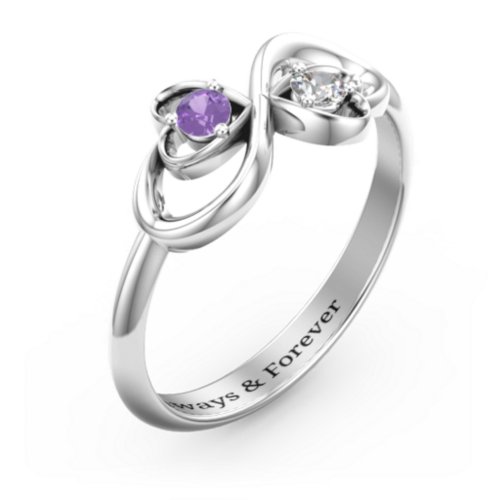 Pair of Hearts Infinity Ring with Gemstones – Sterling Silver with Amethyst and Cubic Zirconia
