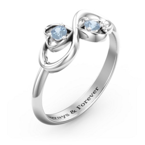 Pair of Hearts Infinity Ring with Gemstones – Sterling Silver with Blue Topaz